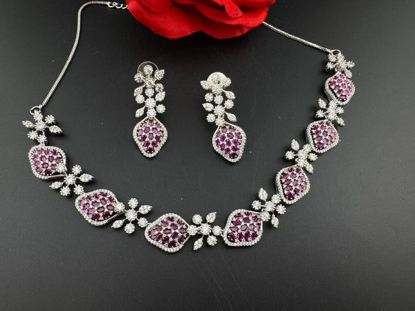 Nano Setting CZ Diamond Statement Ruby Necklace Set, White Gold Plated Choker, 3D nature inspired