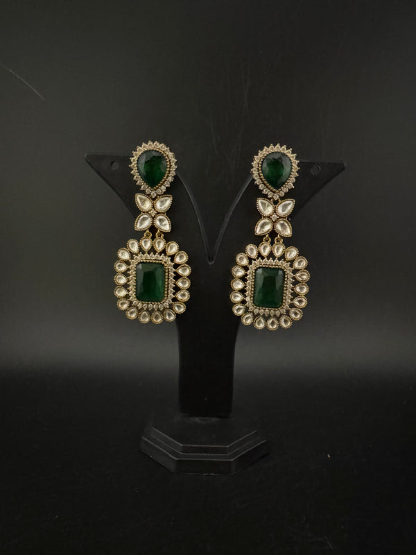 Green and Gold Kundan, Stone Chandelier Drop Earrings, Bridal, Moissanite, CZ, Designer jewelry