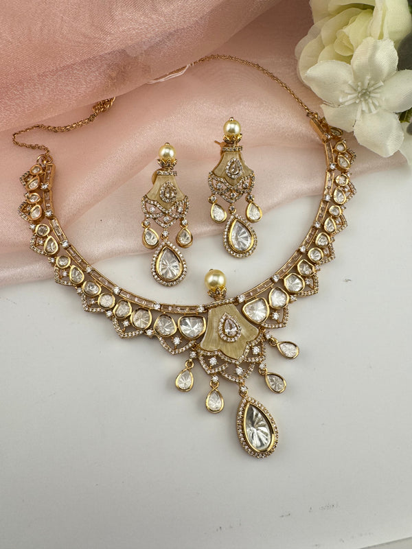 Kundan, Moissanite, MOP, CZ Flexible Gold necklace set, Indian Bridal Jewelry