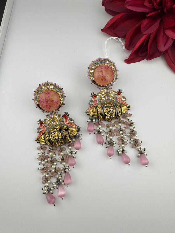 Matt Gold, kundan, Doublet stone, Pearls ChandBali Very long Earrings, Amrapali designer jewelry