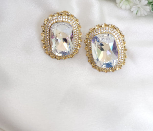 Gold Polish Crystal Stone Stud Earrings, All over Cubic Zirconia, AD, CZ, Indian Jewelry