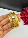 Moissanite Kundan, CZ, pearl Peacock Cuff Bracelet Bangle, Gold Polish Bangle (Fits 2.6" Diameter)
