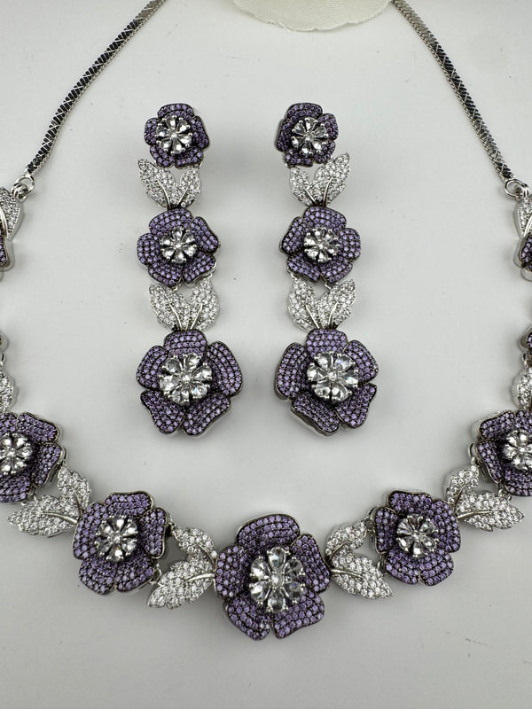 Nano Setting CZ Diamond Statement Necklace Set, White Gold Plated Choker set, nature inspired