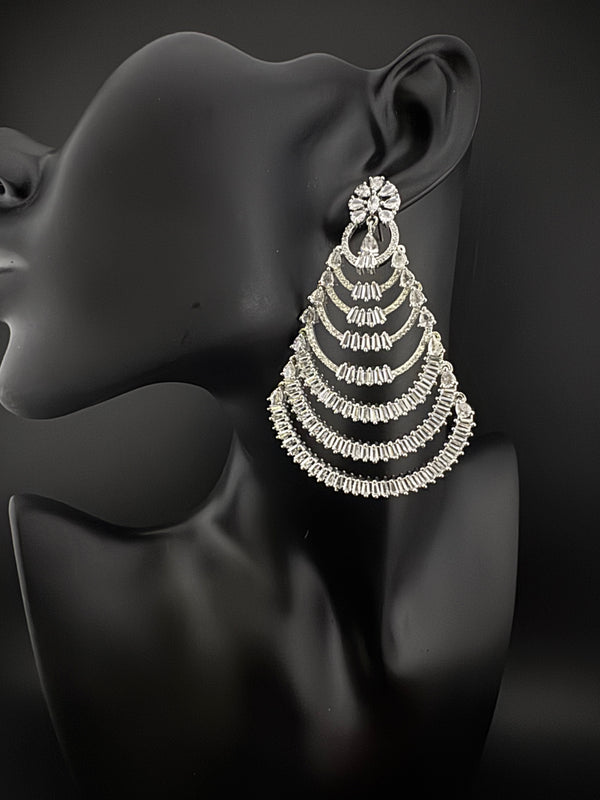 Premium Cubic Zirconia silver Chandelier Oversized earrings is designer Inspired, Statement Long earring, Bridal, Party, Wedding jewelry,