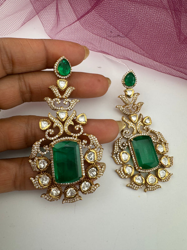 Gold with Emerald green Doublet stone, kundan, cubic zirconia chandbali Drop earrings, Indian Jewelry