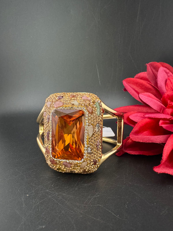 Turkish Jewelry, Crystal, CZ, Stones Oversized Cuff Bracelet Bangle, Gold Polish (Fits 2.6" Diameter)
