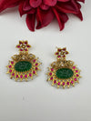 Gold and Green Carved stone, pacchi Kundan, Pearls Chandelier Chandbali Earrings, Bridal Designer jewelry
