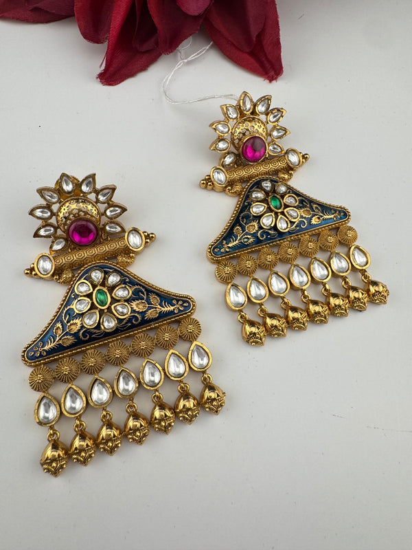 Amrapali inspired Matt Gold, kundan, Enamel, Oversized ChandBali long Earrings, designer jewelry