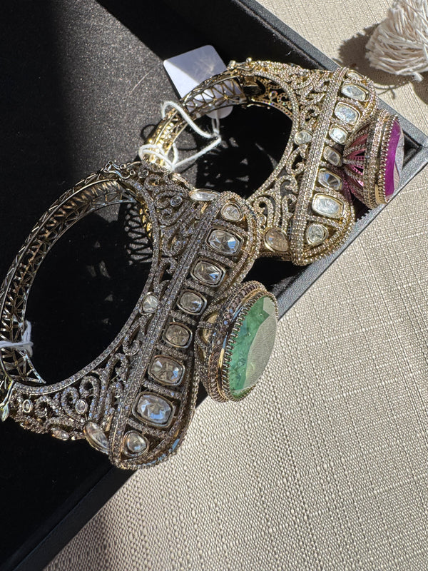 Moissanite Kundan, CZ, Doublet Stone, Openable Designer Bracelet Bangle, Gold Polish (Fits 2.6" wrists)