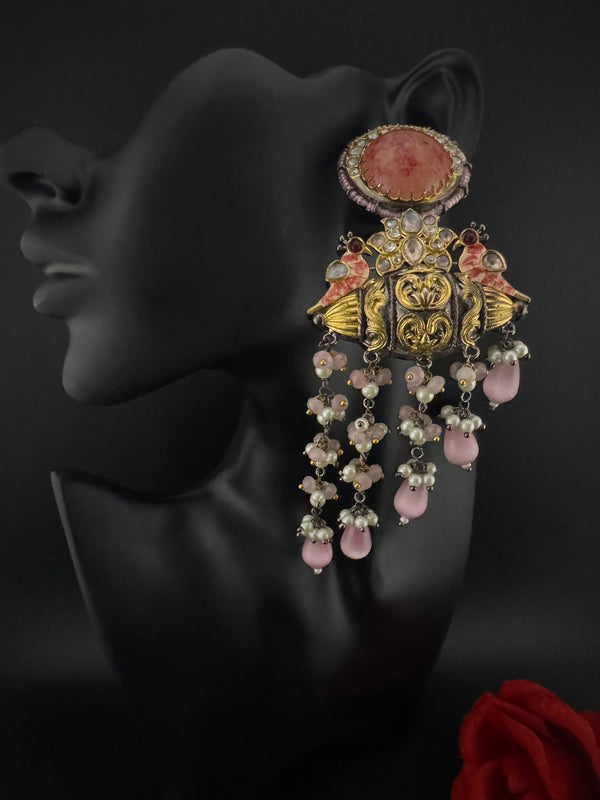 Matt Gold, kundan, Doublet stone, Pearls ChandBali Very long Earrings, Amrapali designer jewelry