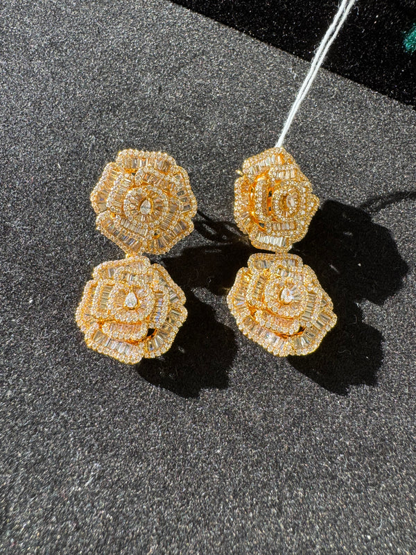 Crystal Stone in Rose Design long Earrings, Cubic Zirconia, AD, CZ, Indian Jewelry