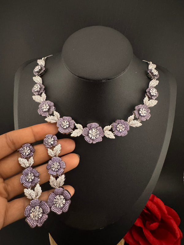 Nano Setting CZ Diamond Statement Necklace Set, White Gold Plated Choker set, nature inspired