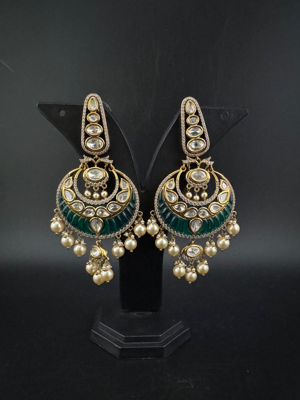 Green and Gold, pacchi Kundan, Pearls Chandelier Long Earrings, Bridal, Moissanite, CZ, Designer jewelry