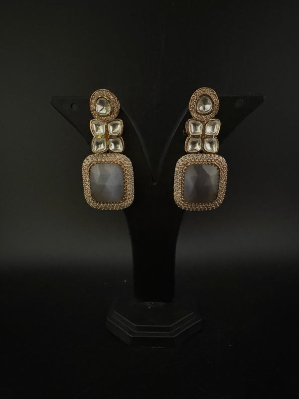 Gray and Gold Kundan, Stone Chandelier Drop Earrings, Bridal, Moissanite, CZ, Designer jewelry