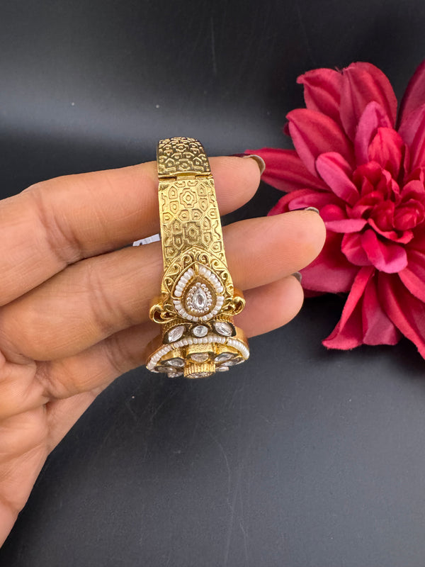 Moissanite Kundan, Pearl, CZ Designer Bracelet Bangle, Matt Gold Polish (Fits upto 2.6" Wrist)
