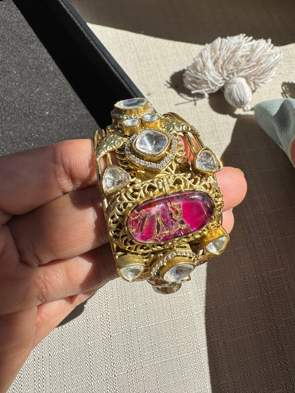Amarapali inspired Moissanite Kundan, CZ, Stone Cuff Bracelet Bangle, Gold Polish (Fits 2.6" wrists)