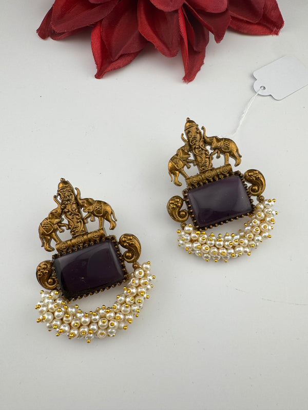 Amrapali inspired Matt Gold, Stone, pearls, Chandbali Earrings, designer jewelry