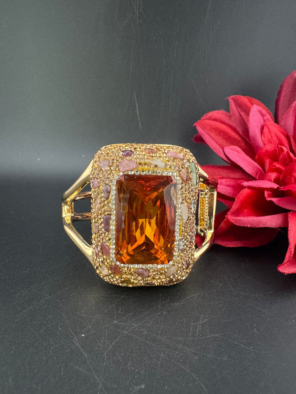 Turkish Jewelry, Crystal, CZ, Stones Oversized Cuff Bracelet Bangle, Gold Polish (Fits 2.6" Diameter)