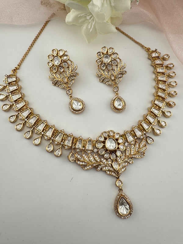 Moissanite Kundan Gold necklace set, Indian Bridal Jewelry set