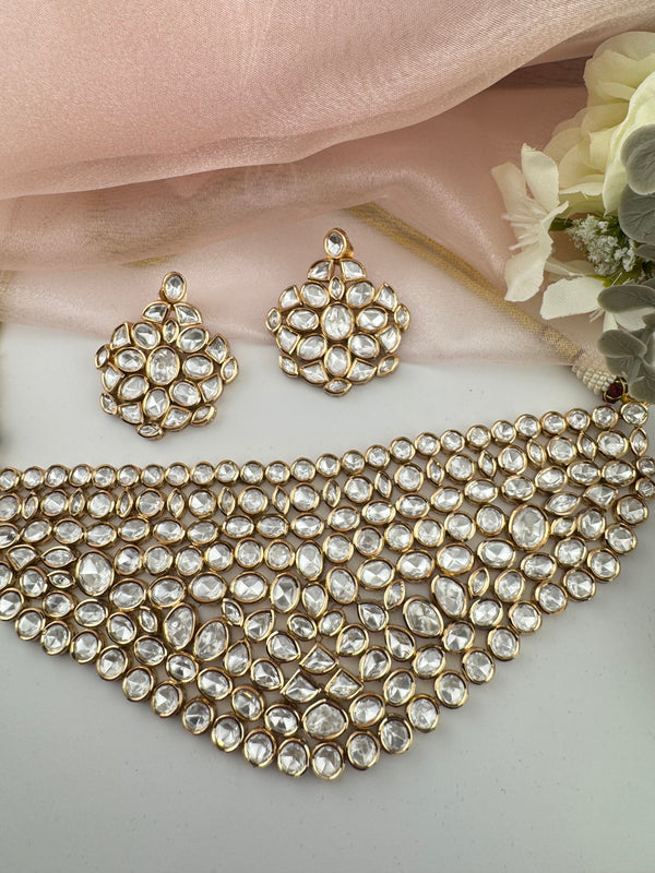 Kundan, Moissanite, CZFlexible Gold Bridal necklace set, Indian Bridal Jewelry