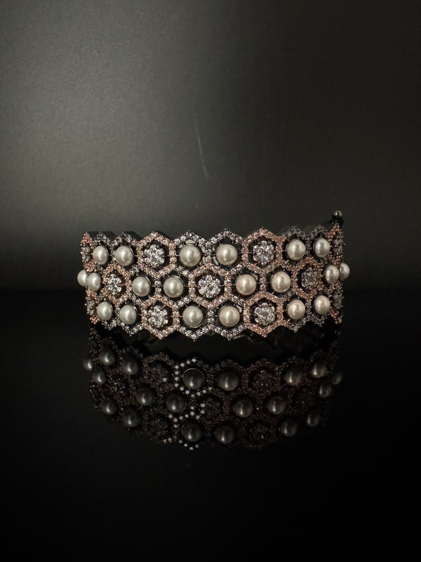 Openable Designer bracelet with Pearls, crystal stones, CZ Nano setting, Fits size upto 2.6"