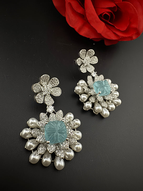 Premium Nano Setting Cubic Zirconia Carved Stone Pearls Drop earrings in unique 3D shape, stylish, Statement earring/Bridal Bridesmaid gift