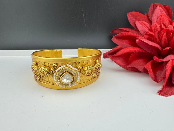 Moissanite Kundan, CZ, pearl Peacock Cuff Bracelet Bangle, Gold Polish Bangle (Fits 2.6" Diameter)