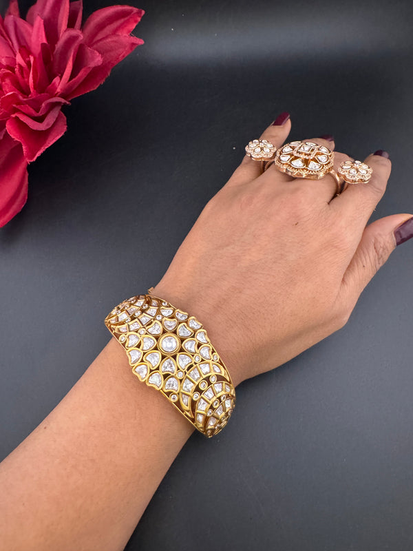 Moissanite Kundan, CZ Openable Bracelet Bangle, Gold Polish (Fits 2.6" wrists)
