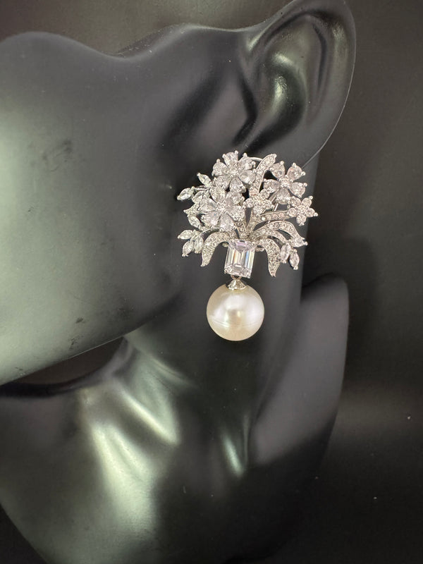 Cubic Zirconia, Diamond, pearls, Step cut crystal Dangle Drop earrings, Indian Jewelry