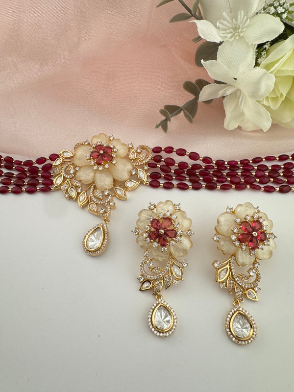 Kundan, Moissanite, MOP, CZ, Pearls Flexible Gold Choker necklace set, Indian Bridal Jewelry