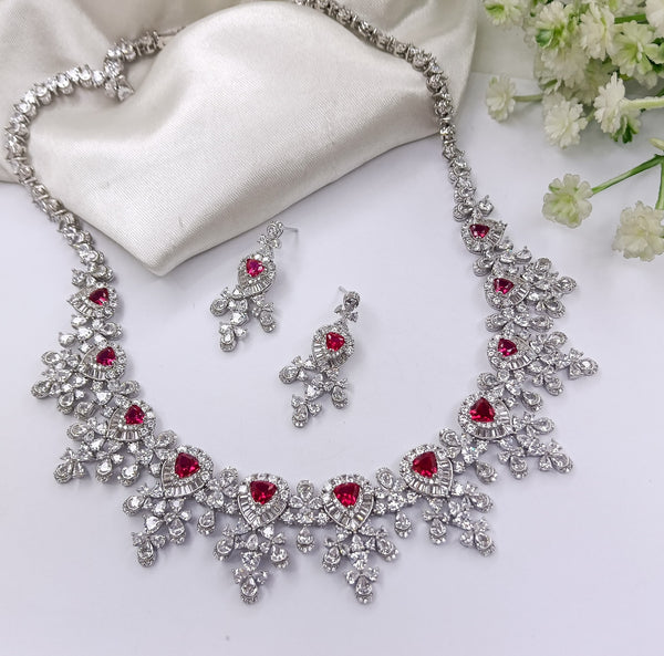 Ruby Swarovski Crystals and CZ Diamond all over Necklace Set, White Gold Plated set