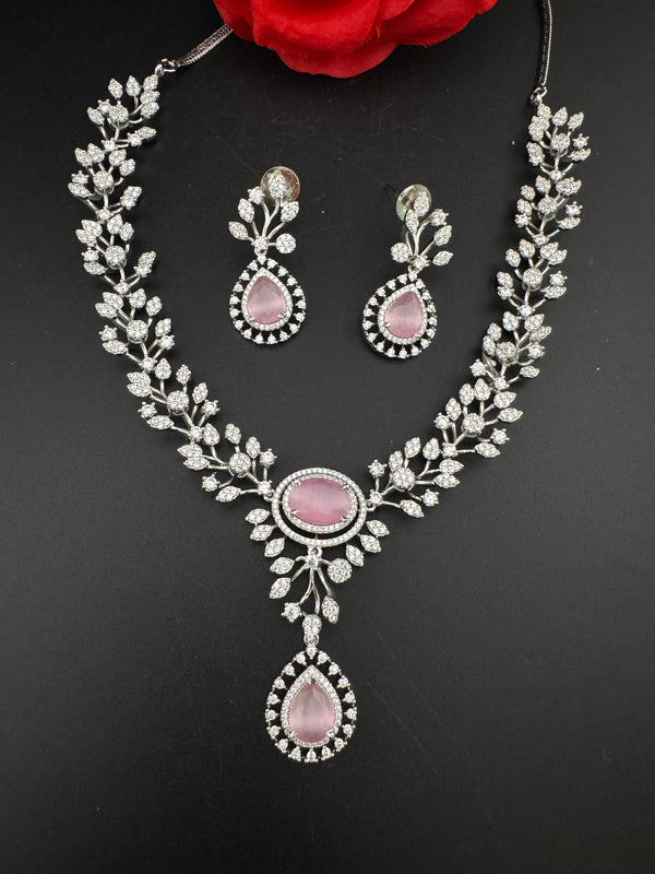 Crystal, Nano Setting CZ Diamond Statement Necklace Set, White Gold Plated Choker, nature inspired