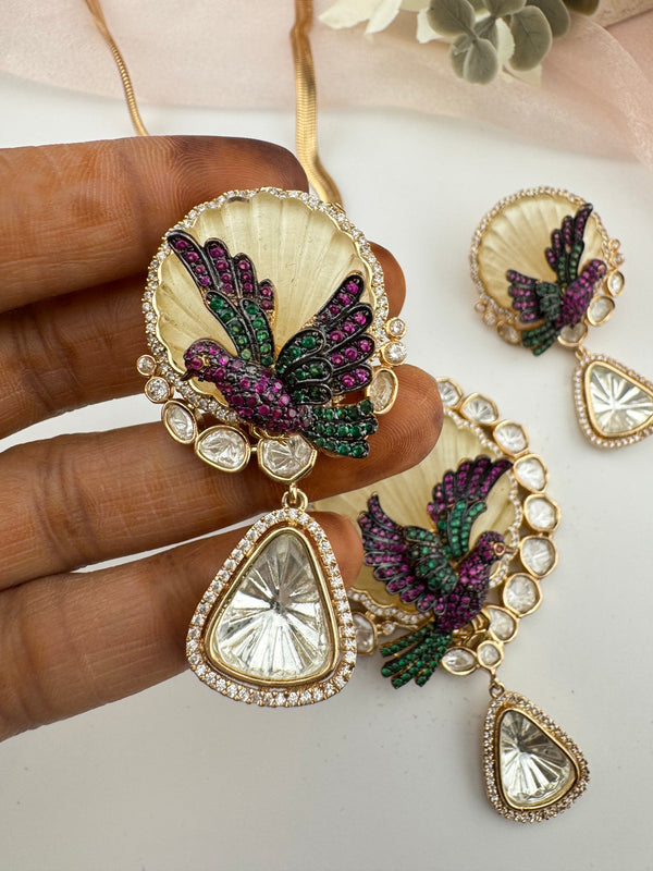 Kundan, CZ, MOP, Uncut Polki Long Pendant necklace set, 3D Pendant, everyday wear jewelry