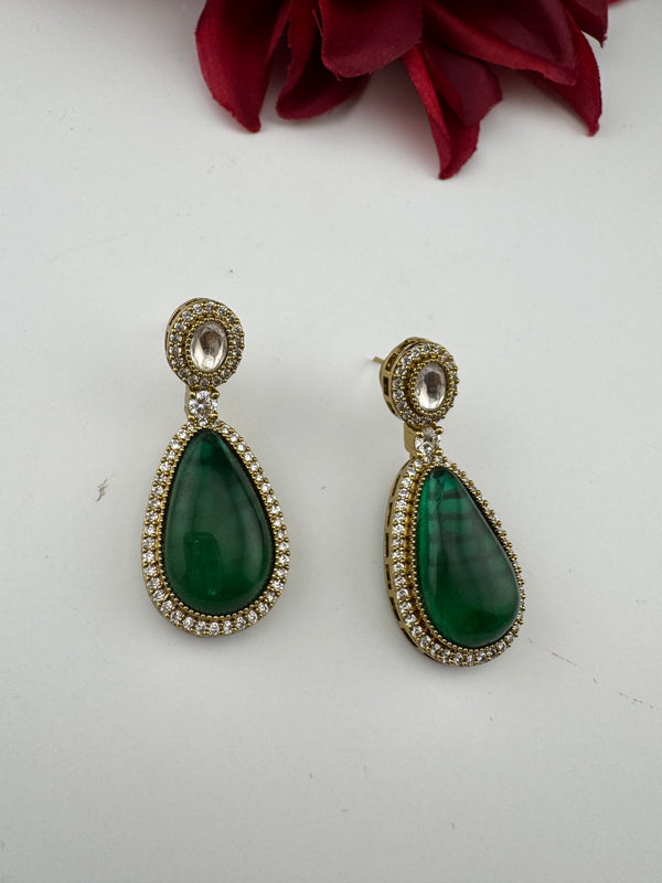 Green and Gold Kundan, Stone Chandelier Drop Earrings, Bridal, Moissanite, CZ, Designer jewelry