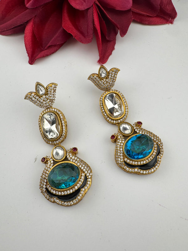 Kundan, CZ, Gold, Doublet Stone Chandelier Long Earrings, Bridal, Moissanite, CZ, Designer jewelry