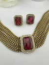 CZ, Mystic doublet stone, Antique gold tone Curb Link chain Choker necklace set with earrings