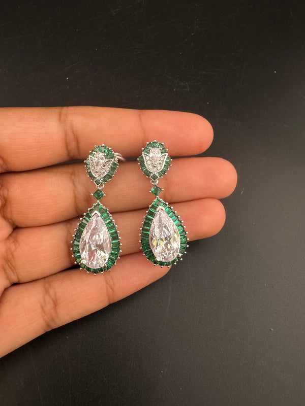Swarovski inspired Cubic Zirconia, Diamond, channel setting Crystal stone, Silver Polish inspired Dangle Drop earrings, Indian Jewelry