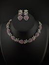 Nano Setting CZ Diamond Statement Ruby Necklace Set, White Gold Plated Choker, 3D nature inspired