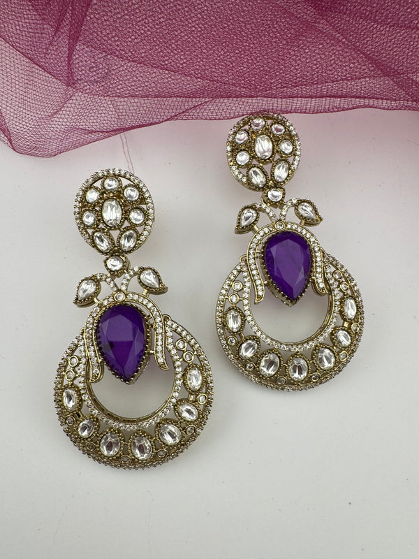 Gold with Doublet stone, kundan, cubic zirconia chandbali Drop Long earrings, Indian Jewelry