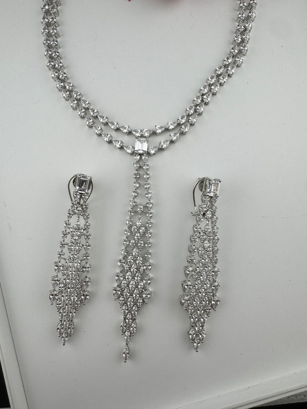 Crystals and CZ Diamond Statement double Layered Necklace Set, White Gold Plated Choker set