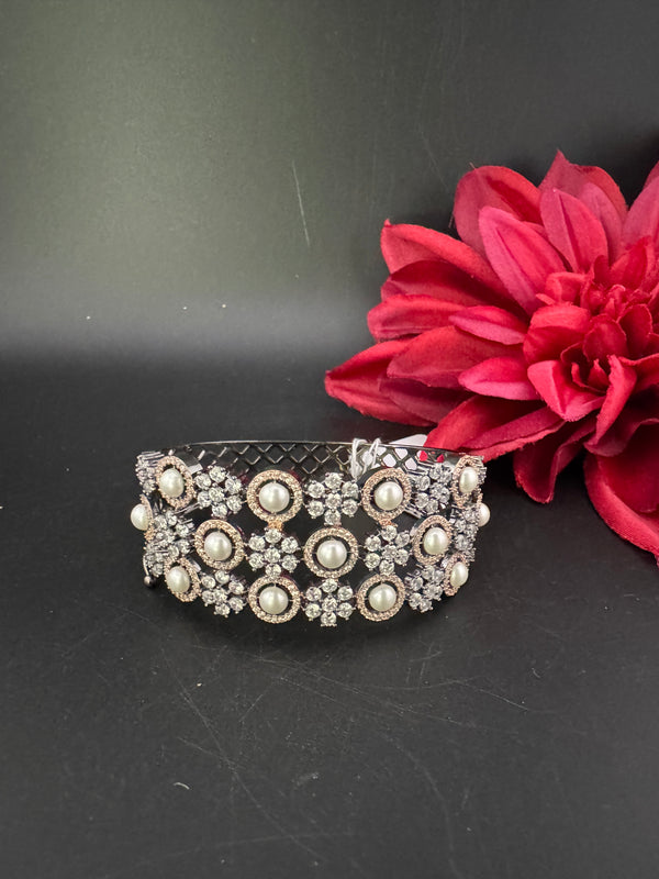 Openable Designer bracelet with Pearls, crystal stones, CZ Nano setting, Fits size upto 2.6"