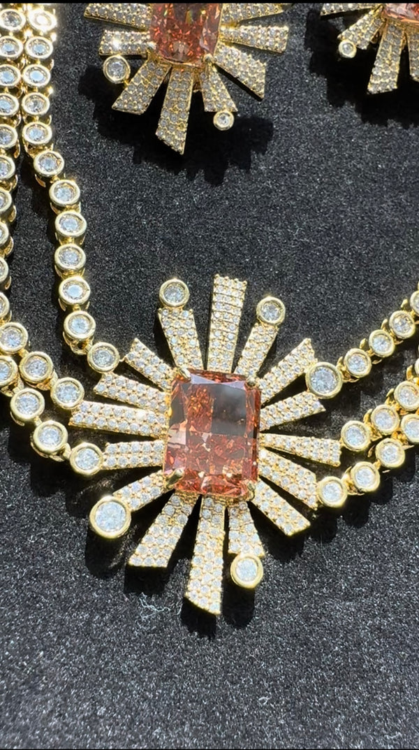 Swarovski Crystals and CZ Diamond star burst Necklace Set, Gold Plated set