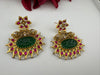 Gold and Green Carved stone, pacchi Kundan, Pearls Chandelier Chandbali Earrings, Bridal Designer jewelry