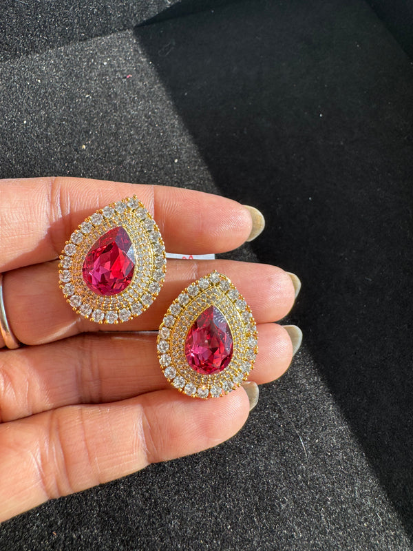 Gold Polish Crystal Stone Stud Earrings, Cubic Zirconia, AD, CZ, Indian Jewelry