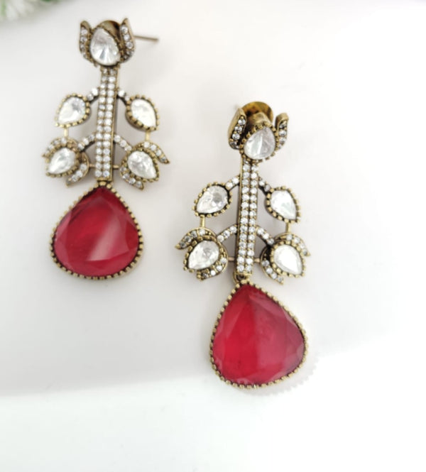 Designer inspired, Doublet stone uncut kundan and CZ chandbali Drop earrings, Indian Jewelry