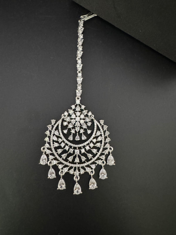 Silver Cubic Zirconia/Diamond Tikka, Indian Maang Tikka, Headpiece, Bridal jewelry