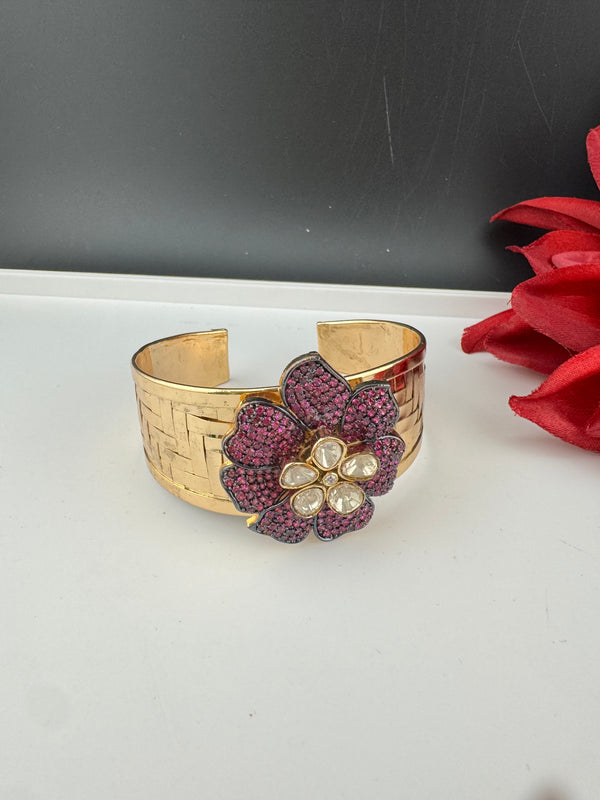 Moissanite Kundan, CZ Nano Setting Cuff Bracelet Bangle, Gold Polish Bangle (Fits 2.6" Diameter)