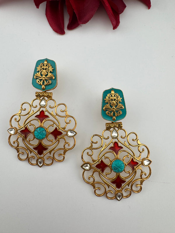 Antique Gold, Enamel, Stones Chandbali Dangle Earrings, Amrapali inspired Designer jewelry