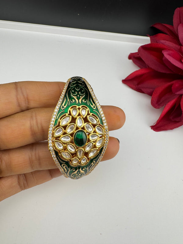 Moissanite Kundan, Enamel, CZ Openable Bracelet Bangle, Gold Polish (Fits 2.6" wrists)