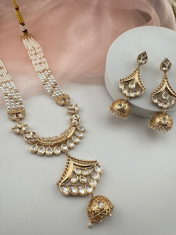 Kundan, Moissanite, Pearls Long Gold Choker necklace set, Indian Rani haar